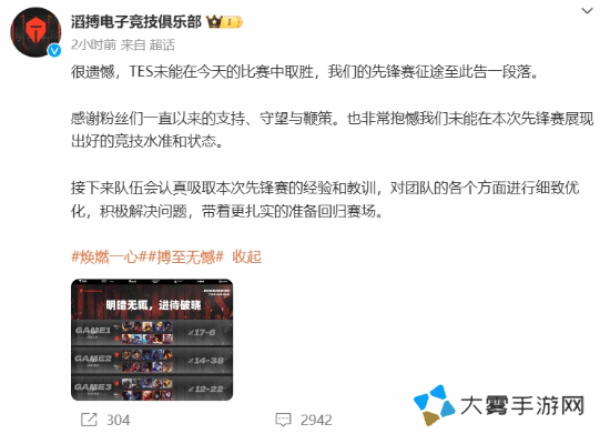 TES发文告别LOL全球先锋赛 总结经验再出发！
